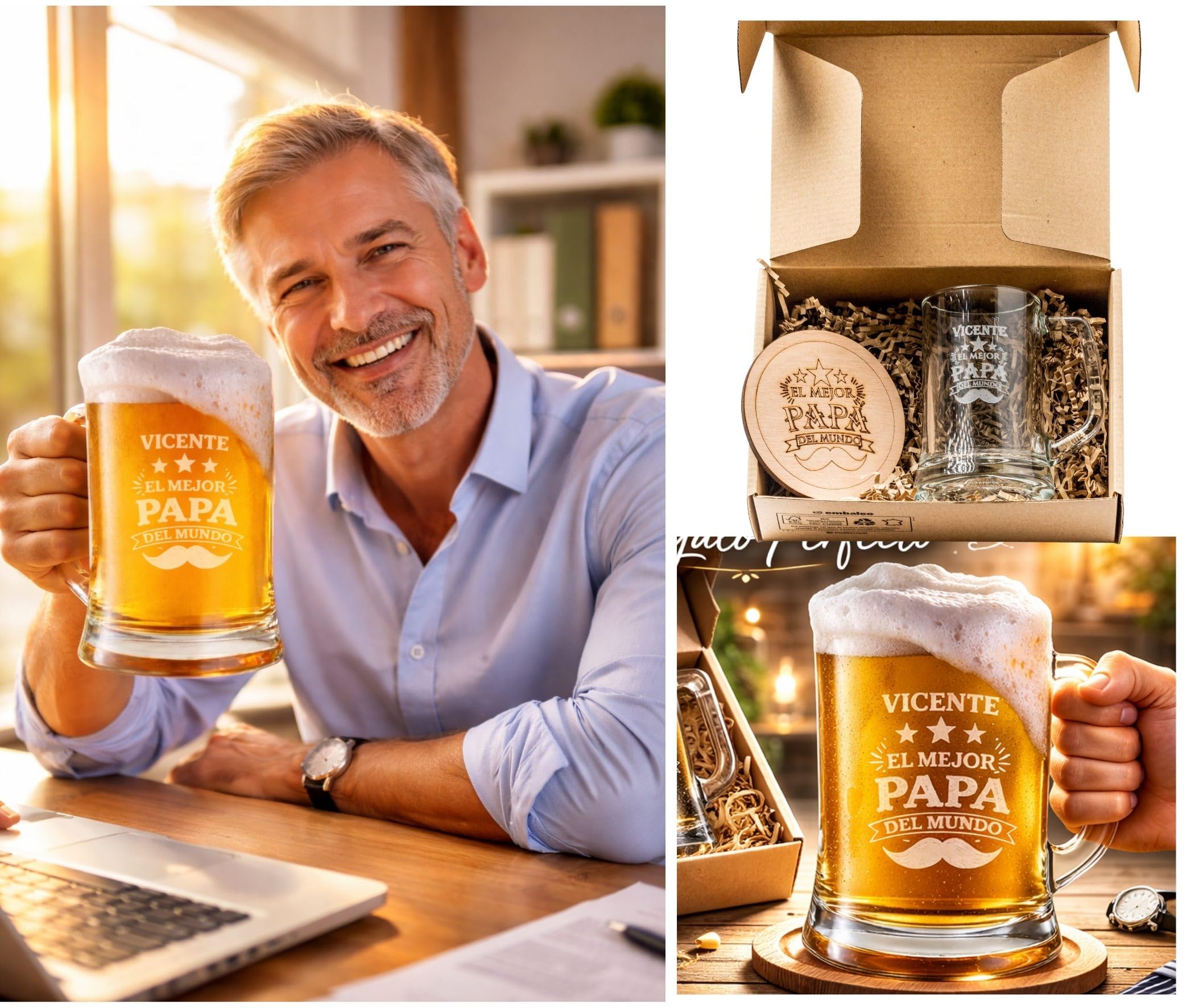 Olesea Regalo Padre Jarra de Cerveza Regalos Personalizados Grabado Original Regalo Padre Cumpleaños Mejor Papa Hombre Regalos Aniversario Para Abuelo (Copa De Cerveza)