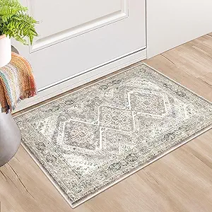 KUTA Washable Oriental Small Area Rug Ivory Grey Yellow, 2x3 Entryway Rugs Indoor Non-Slip Soft Printed Vintage Distressed Farmhouse Low-Pile Door Mat for Entrance Bedroom Kitchen Nursery
