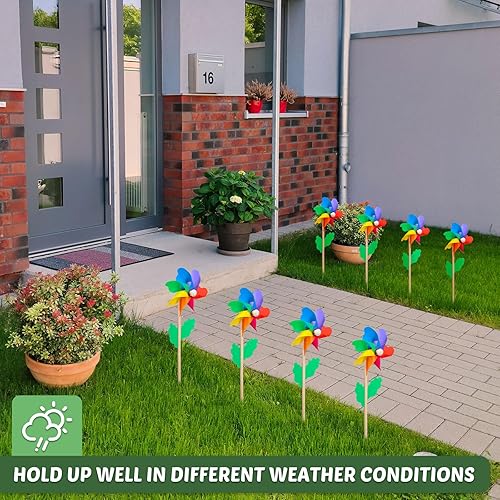 Miniatura 4 de 40 molinillos de flores arcoíris de 9.84 pulgadas de plástico coloridos molinos de viento de jardín, molinos de viento de flores con palos de madera