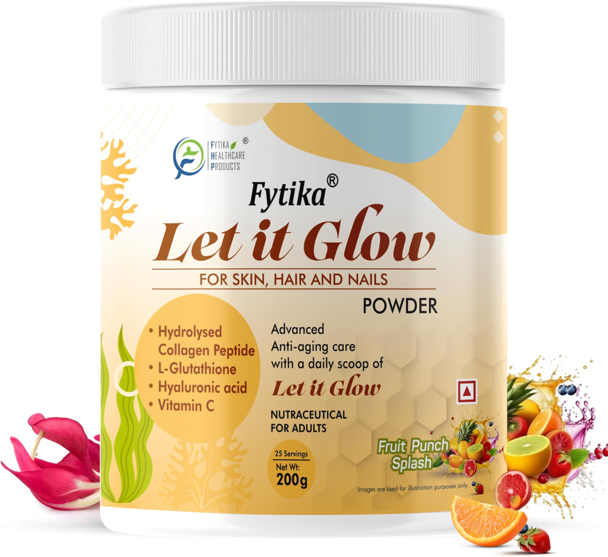 Let It Glow 200G (Fruit Punch Splash, Pack of 1) Marine Collagen Supplement for Men & Women|L- Glutathione, Vitamin C, Sesbania Agati Extract|Promotes Healthy Skin, Hairs and Nails