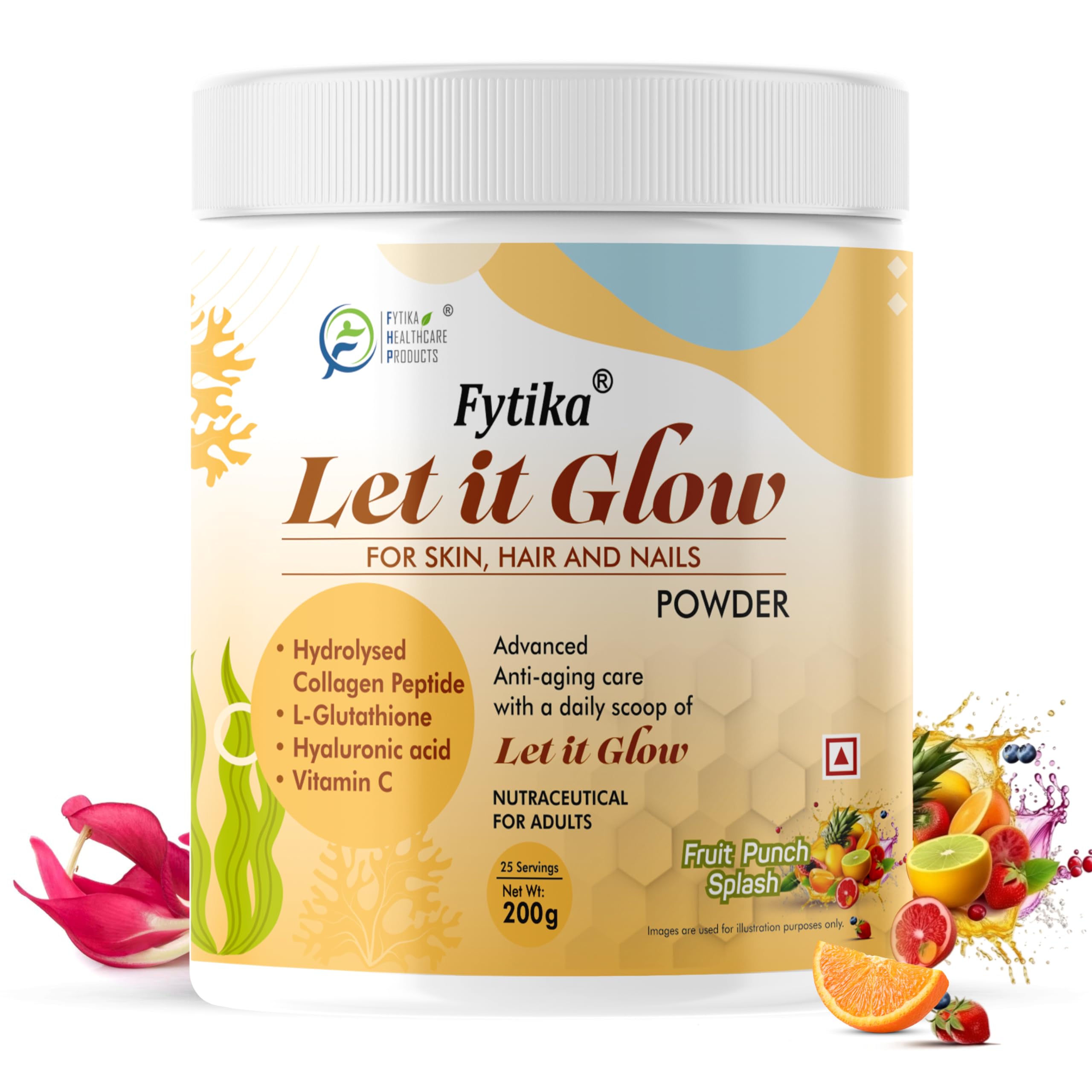 Fytika Let It Glow 200G (Fruit Punch Splash, Pack of 1) Marine Collagen Supplement for Men & Women|L- Glutathione, Vitamin C, Sesbania Agati Extract|Promotes Healthy Skin, Hairs and Nails