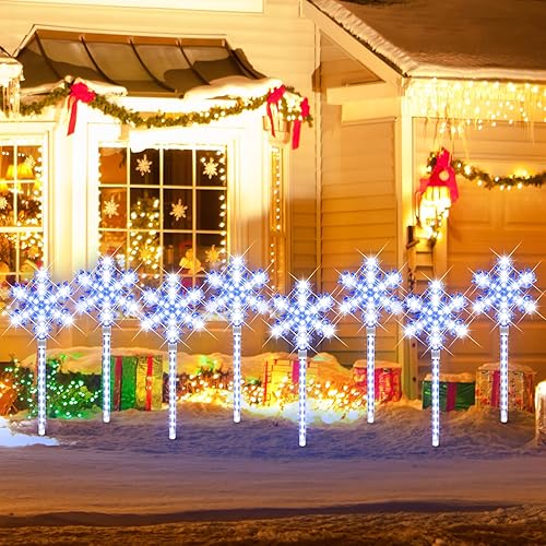 Miniatura 5 de Juego de 8 estacas decorativas de copo de nieve de Navidad preiluminadas para camino, patio, césped, jardín, luces de copo de nieve de Navidad al