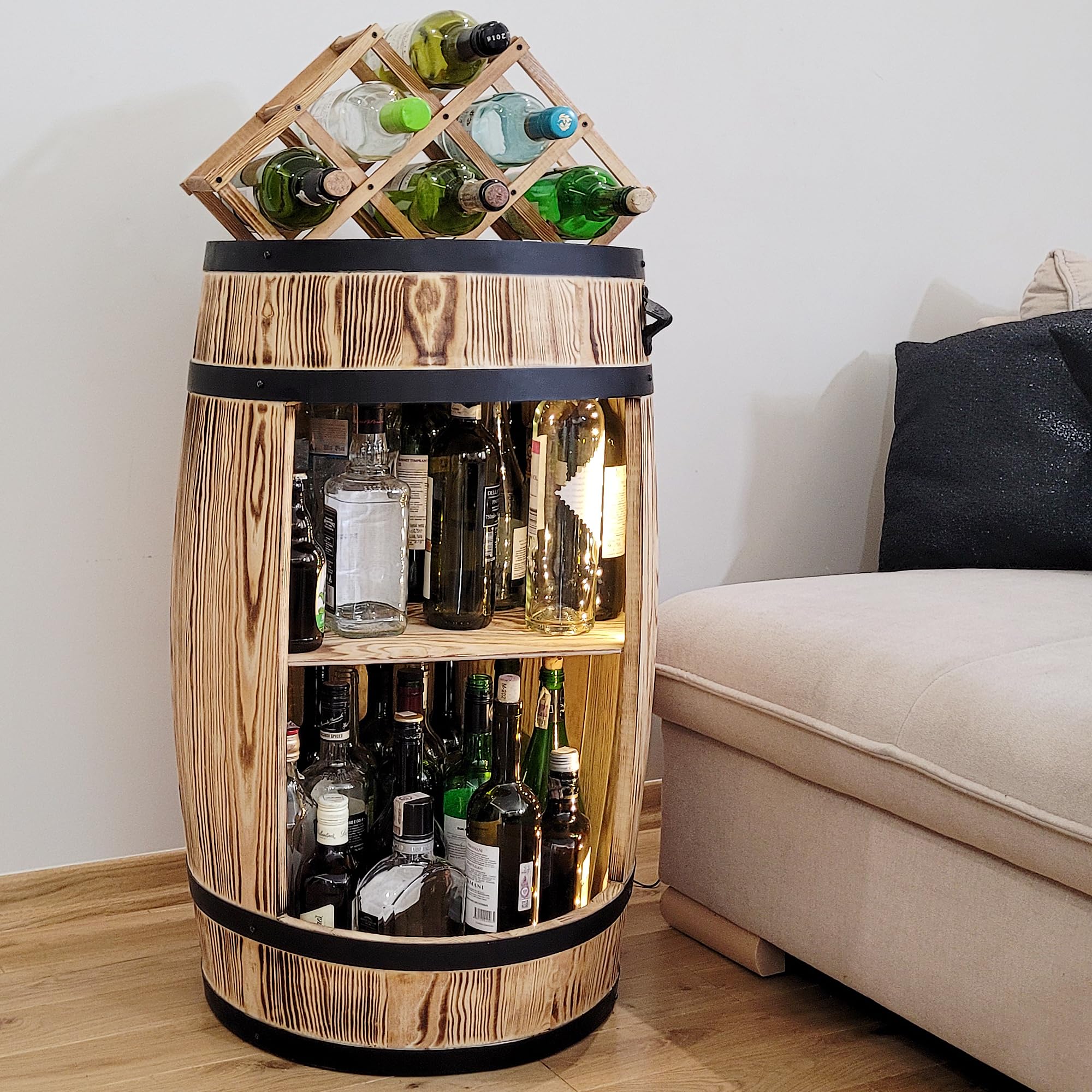 weeco Portabottiglie in legno con luci a LED e portabottiglie – Barile in legno per bicchieri e bottiglie – Montabile – Armadietto per vino – Set regalo – Wine Rack in legno 80 x 50 cm