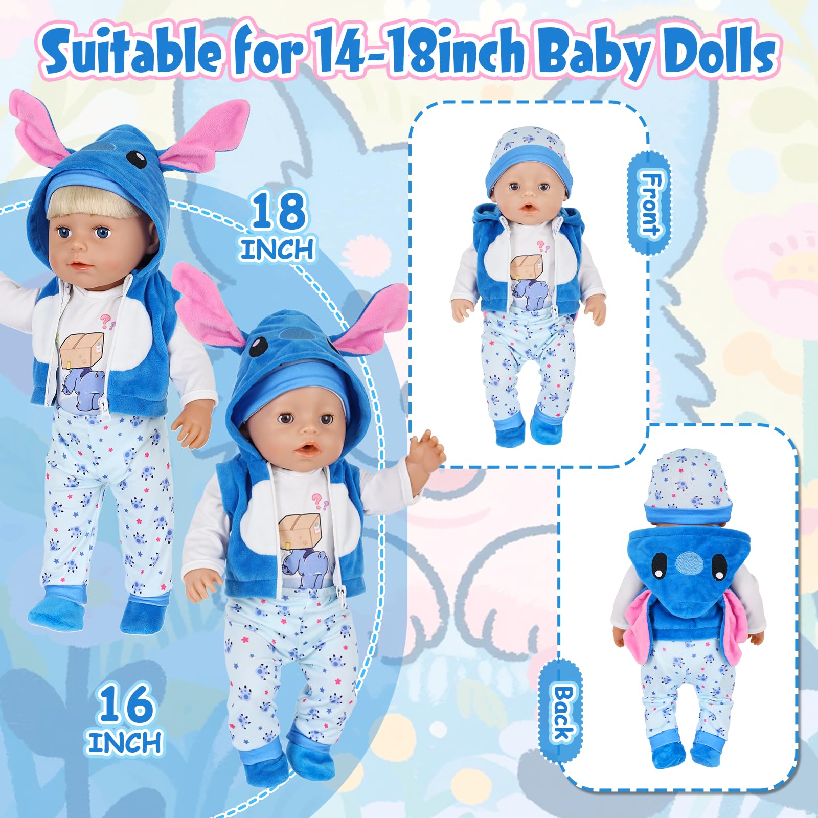5 Pcs Baby Doll Clothes for 14-17 Inch Dolls, Baby Doll Outfits mit Doll Jacket Top Trousers Hat & Socks - Image 4