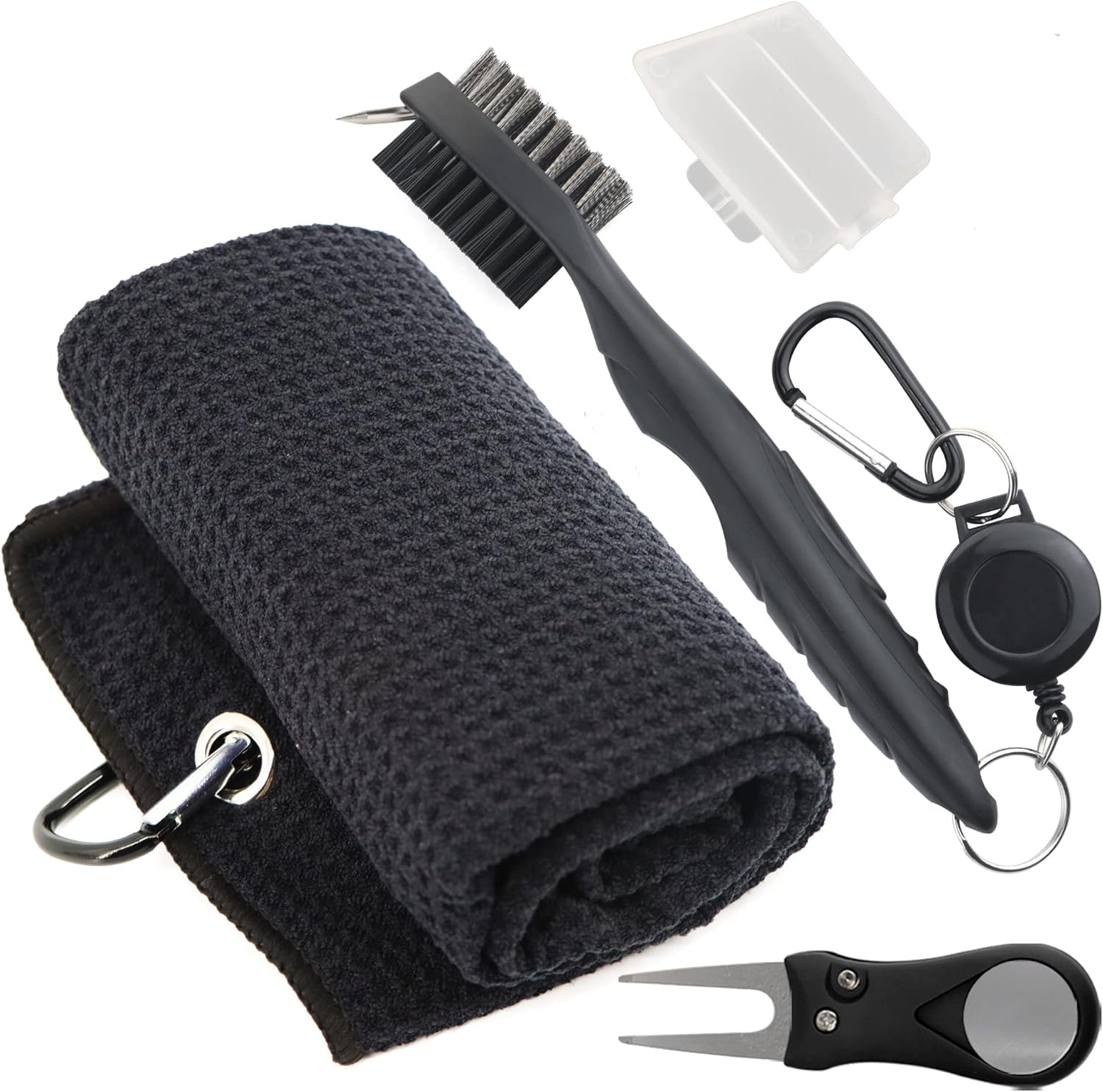 Golf Accessories Kit - Microfiber Waffle Pattern Golf Towel with Clip, Club Brush Groove Cleaner & Clip, Divot Tool with Marker - For Men & Women