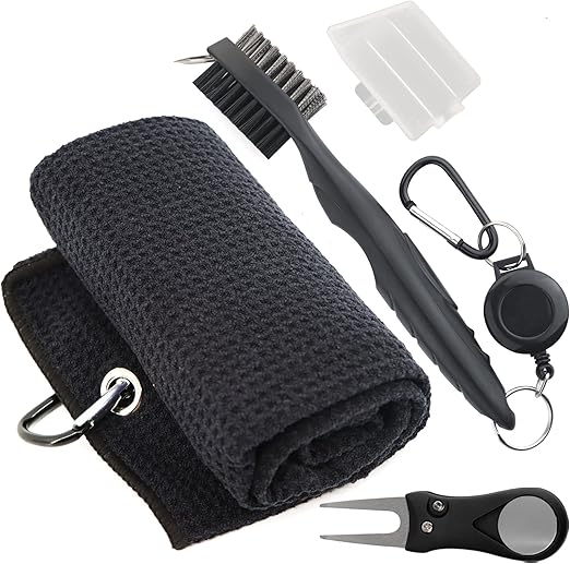 Golf Accessories Kit, 3 in 1 Golf Club Cleaning Kit - Golf Towel, Golf Club Brush, Golf Divot Repair Tool