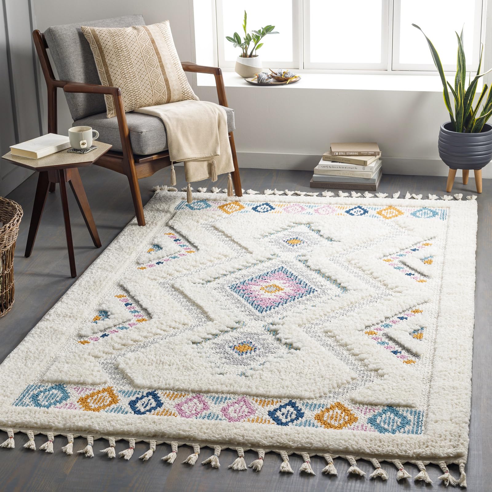 Livabliss Ivory/Orange/Blue Lofty-Shaggy Vintage Boho Plush Soft Pile Fringe Rug - 200 X 275 Cm
