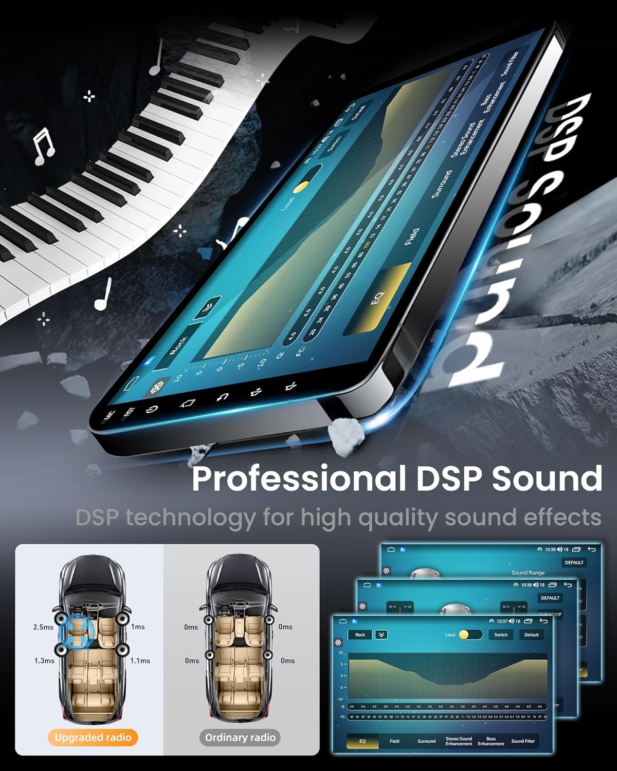 Image showing the DSP sound equalizer interface on the car radio screen, with a comparison of sound quality between upgraded and ordinary radios.