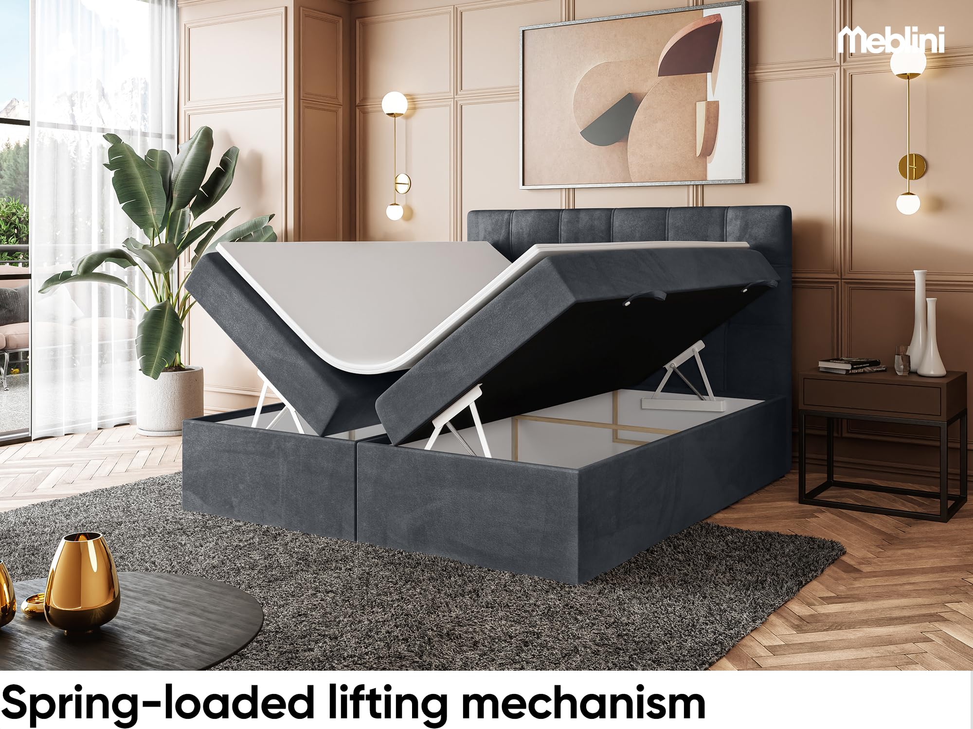 MEBLINI Boxspringbett mit Bettkasten - 140x220 - H4/Dunkelgrau Samt - Kai - Gepolstert Doppelbett mit Matratze und Topper - Polsterbett mit Stauraum - Bett mit Kopfteil - Stauraumbett