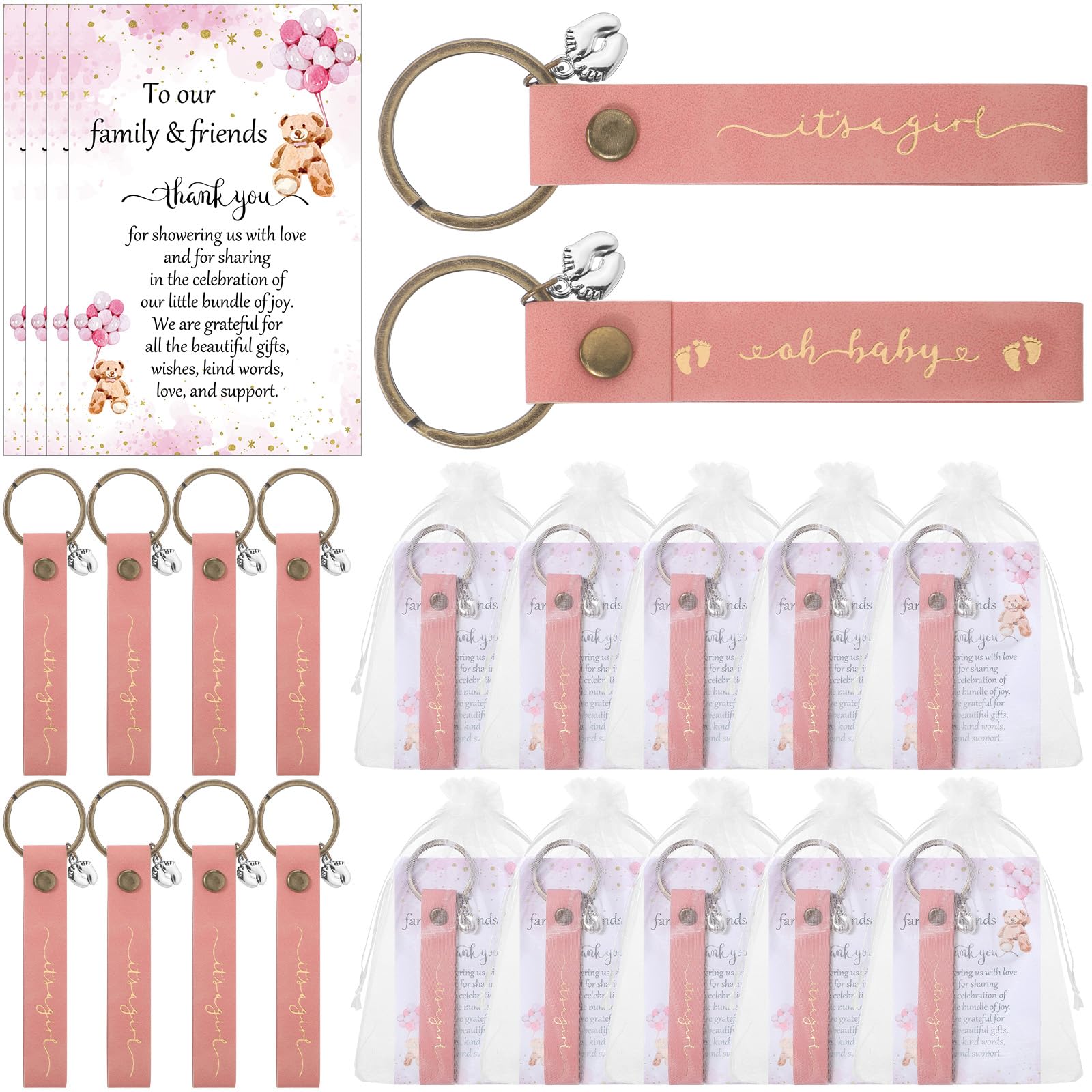 Ecally 50 Sets Baby Shower Party Favors for Guests Bear PU Leather Keychains With Thank You Cards Organza Bags Gender Reveal Keychain Gifts(Pink,Girl Style)