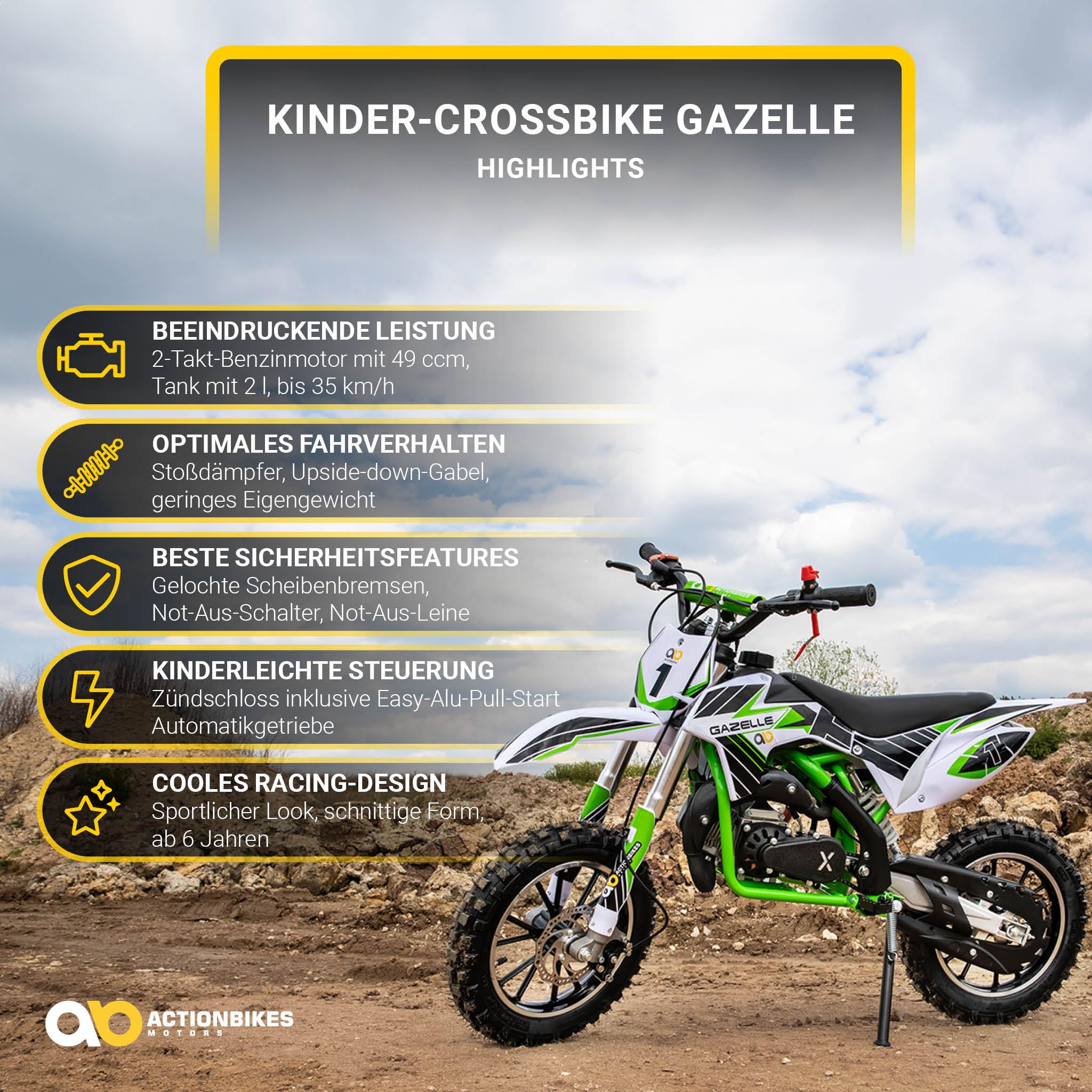 Actionbikes Motors Kinder Crossbike Gazelle | 2-Takt 49 CCM Motor bis 𝟑𝟓 km/h - Motorrad - Pocket Bike - Dirt Bike - Motocross - Pocketbike - Motorsport - Dirtbike - Enduro ab 8 Jahren