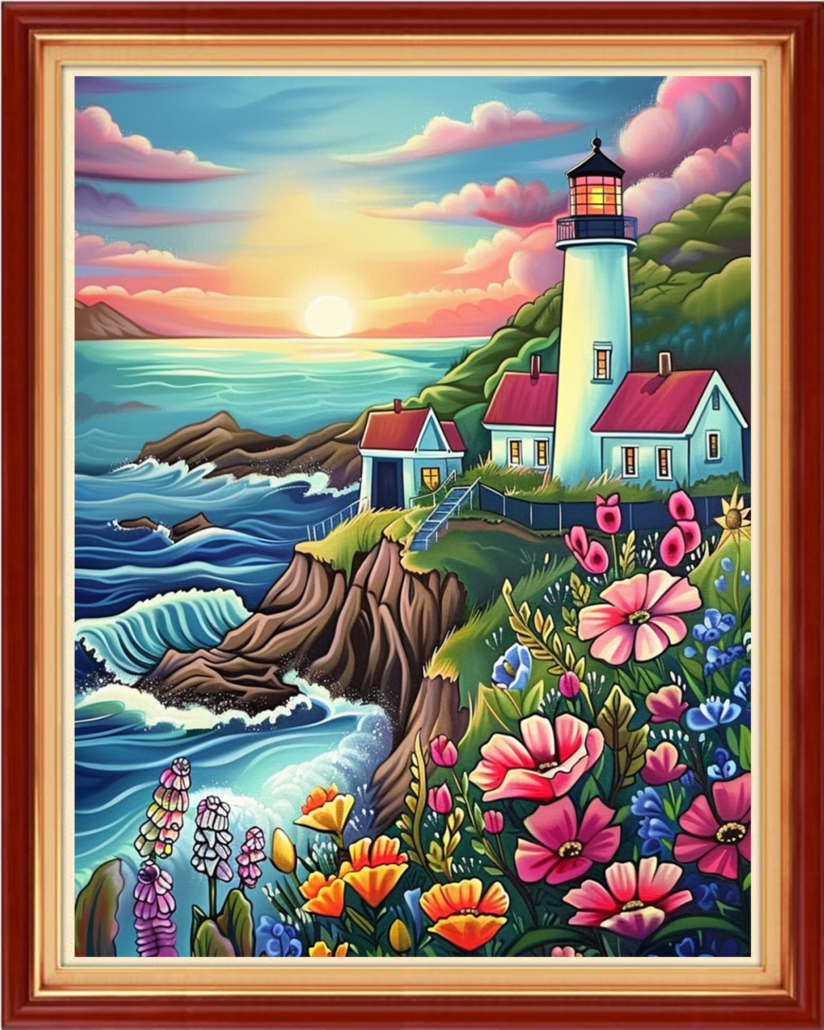 Funchey Stamped Cross Stitch Kits, DIY Cross Stitch Pattern for Adults Beginners Needlepoint Kits Embroidery Kit Arts and Crafts 11CT-Sunrise Seaside Lighthouse 16x20 inchs