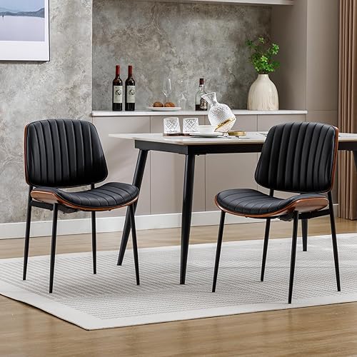 Juego de 2 sillas de comedor, sillas de cuero sintético retro de mediados de siglo con asiento tapizado de madera curvada de nogal, patas de metal