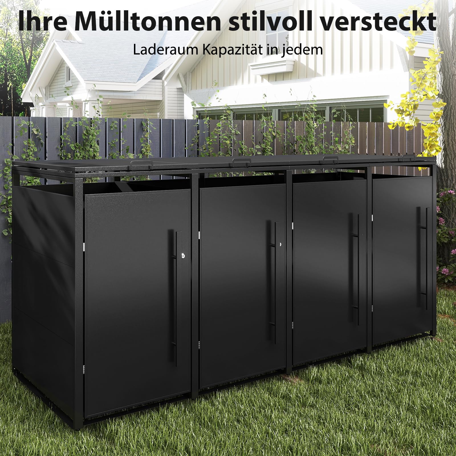 Youyijia Metallische Mülltonnenbox für 120-240 Liter, 264 x 80 x 116 cm, Mülltonnenlagerung für 4 Tonnen, Verzinktes Stahl-Müllschuppen, Außendeckel mit abschließbarer Tür für Garten und Hinterhof