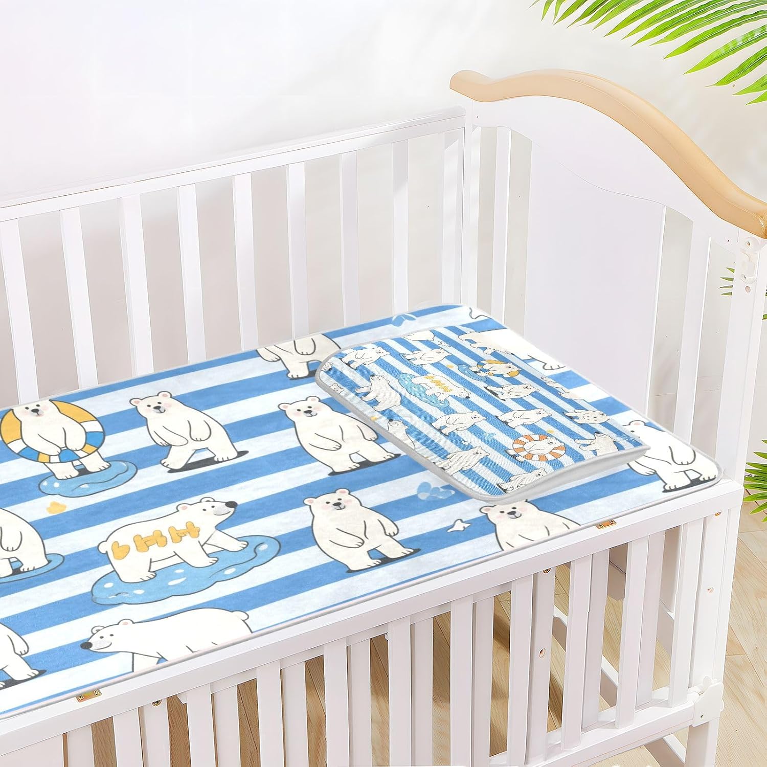 Blue White Striped Bear Cooling Baby Mattress pad Protector 28" x 52" Absorbent Pads for Bed for Baby&Toddler