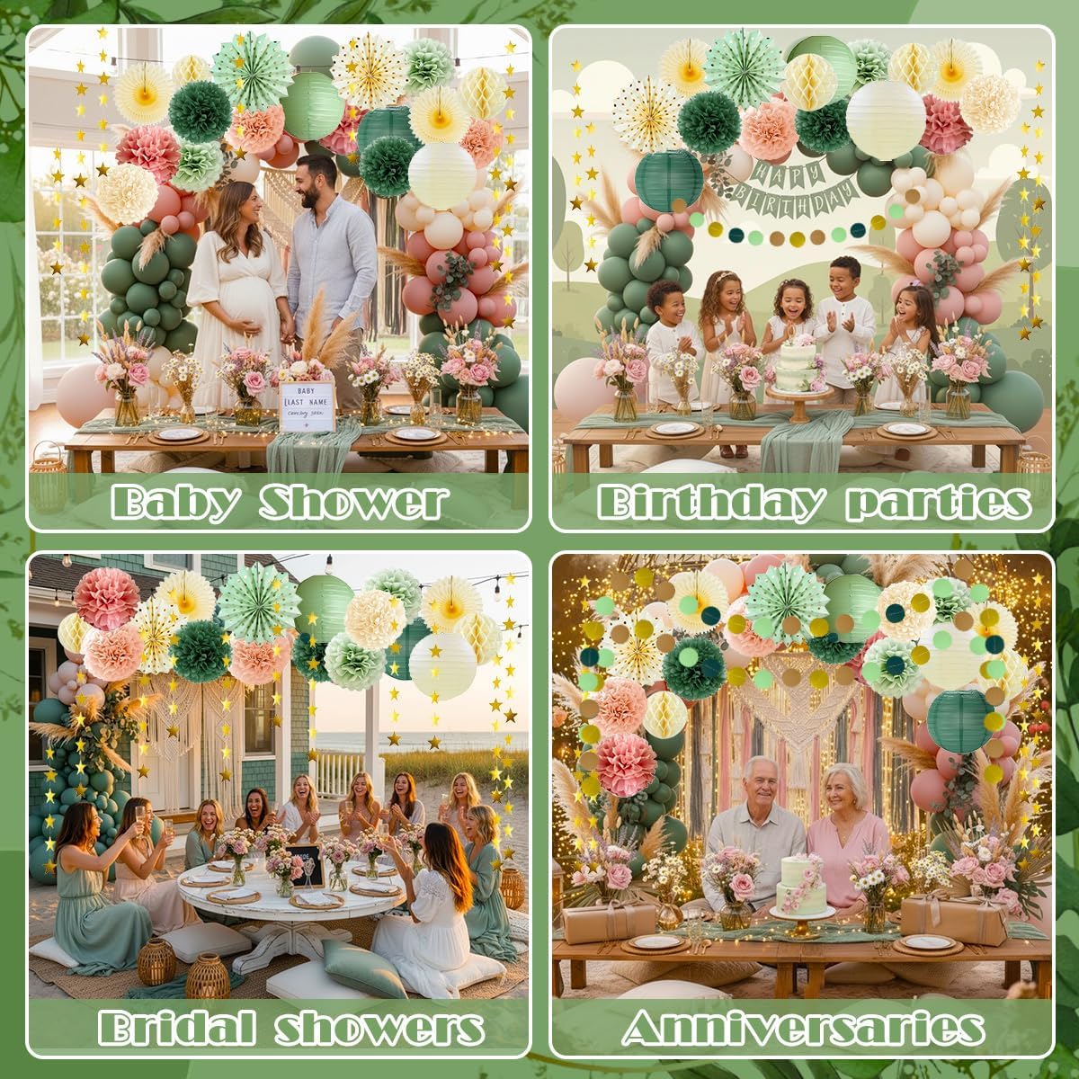 Boho Paper Decorations Set, Sage Green Dusty Pink Party Decorations Set, Boho Baby Shower Decoration Paper Pom Poms Lanterns Honeycomb Balls Hanging Star Garland for Birthday Baby Shower Wedding Party - Image 7