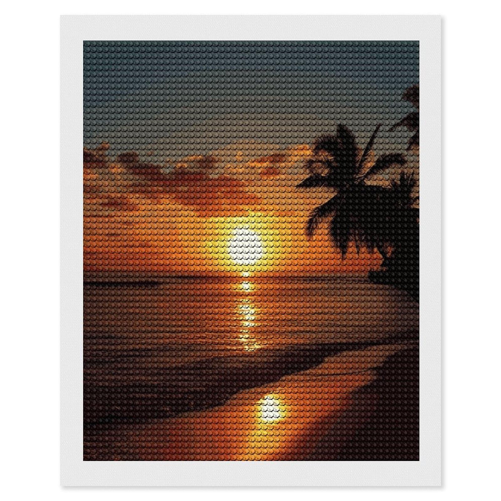 Diamond Art Kits for Adults, DIY 5D Sunset Ocean Sea Tropical Island Palm Tree Scenery Picture Diamond Painting Kits for Beginners, Full Round Drill Diamond Dots Painting Gem Art Crafts for Home Wall