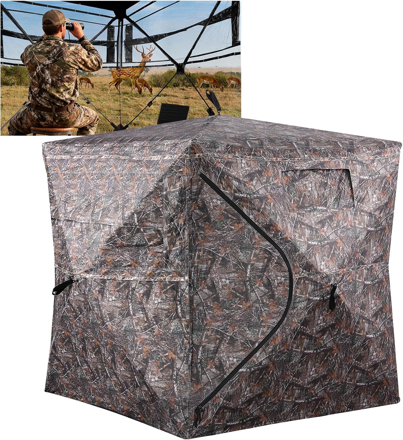 Hunting Blind with Floor Mat,2-3 Person Pop Up Deer Blind for Hunting with Carrying Bag,Portable Camouflage Concealed Ground Blind for Deer&Turkey Hunting