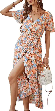 PRETTYGARDEN Women's Summer Floral Boho Maxi Dress Wrap Short Sleeve V Neck Ruffle A-Line Flowy Wedding Guest Long Dresses