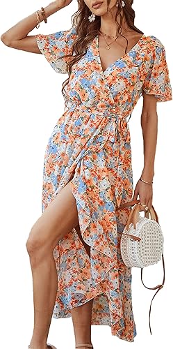 PRETTYGARDEN Women's Summer Floral Boho Maxi Dress Wrap Short Sleeve V Neck Ruffle A-Line Flowy Wedding Guest Long Dresses