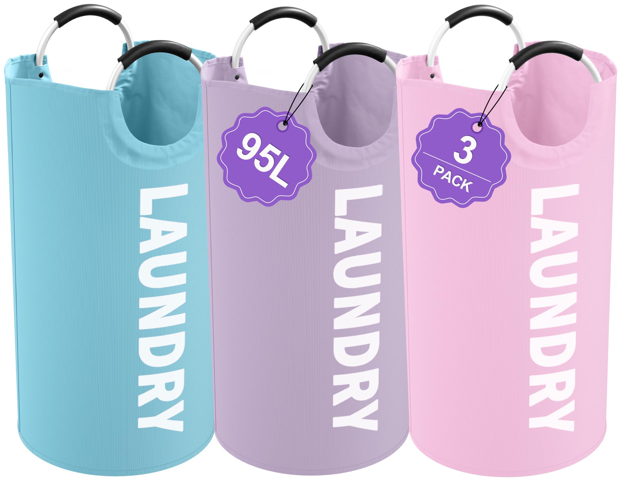 IHOMAGIC 3PCS 95L Laundry Basket, Collapsible Clothes Hamper with Handle, 600D Oxford Cloth Laundry Bin, Stand-alone Dirty Clothes Hamper for Livingroom, Bedroom, Family, Pink+Blue+Purple