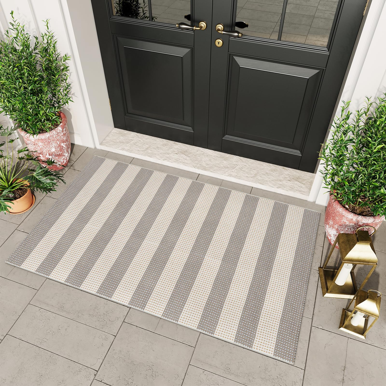 OJIA Indoor Outdoor Rugs 3'x5', Washable Area Rug Entryway Rugs Indoor Front Door Mats Striped Porch Rug Cotton Small Floor Carpet for Entry/Patio/