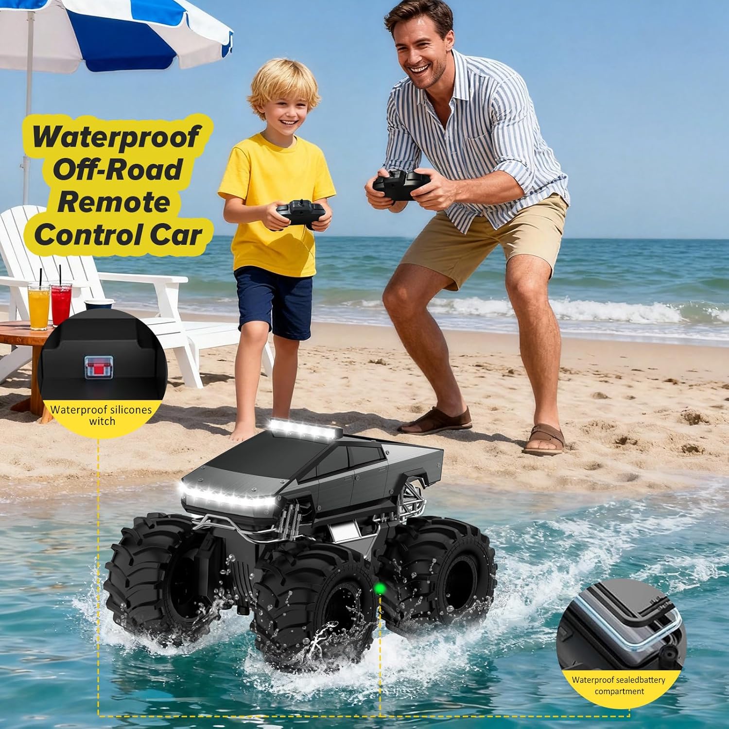 Cokzer Remote Control Car, 1:18 Amphibious RC Cars, 4WD All Terrain Off-Road Pickup, 2.4GHz Waterproof Cyber Truck, 360° Rotatable Monster Truck Toys for Boys Christmas Birthday Gifts Age 6+ (Grey)