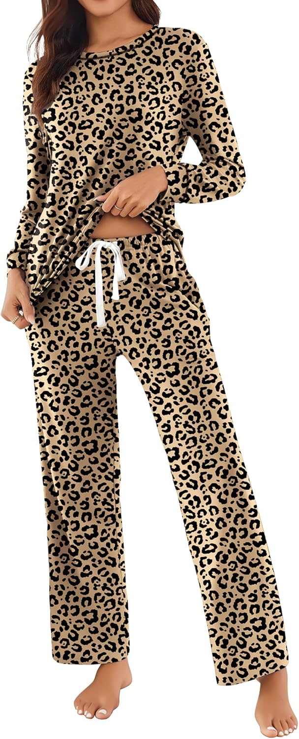 Ekouaer Womens 2 Piece Pajama Set Long Sleeve PJs with Plaid Pants Drawstring Elastic Waist Sleepwear Lounge Set