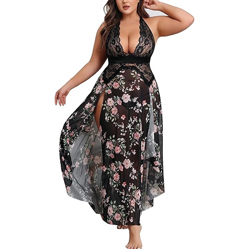 Avidlove Women Lingerie Deep V Neck Nightwear One Piece Sexy Nightgowns Mosaic Lace Mesh Dress