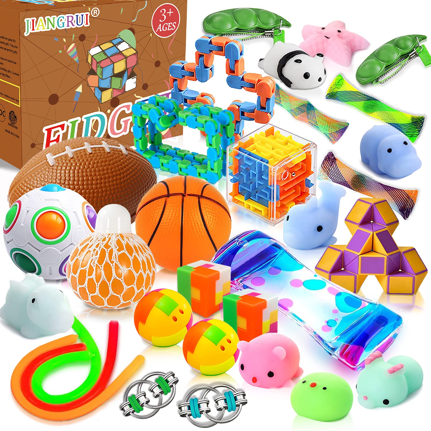 Dciko Fidget Toys Pack, 32 Pcs Sensory Toys Set for Kids Teens Adults, Fidget Box with Stress Ball Mochi Squishy, Party Favors Classroom Rewards Carnival Treasure Box Prizes Pinata Goodie Bag Fillers