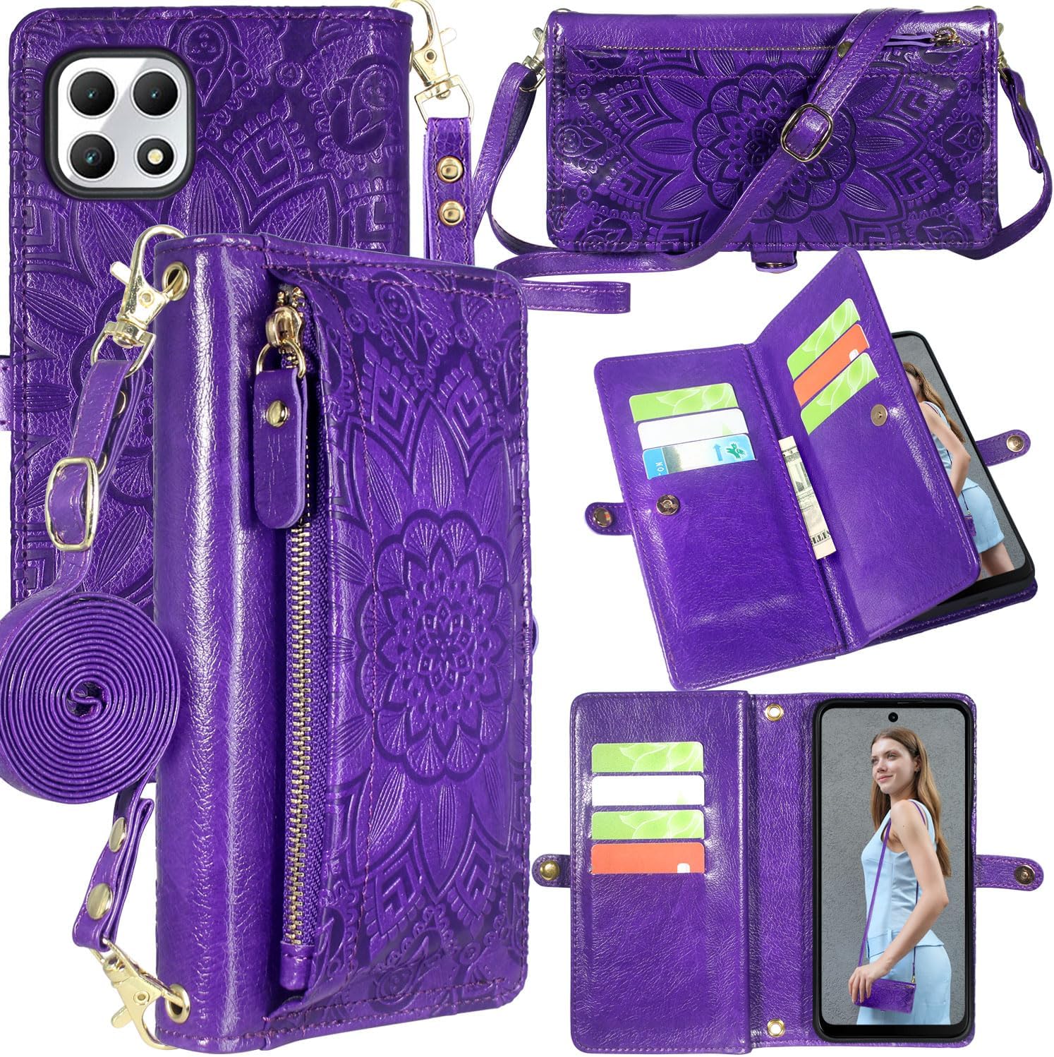 Harryshell Crossbody for T-Mobile Revvl 7 5G Wallet Case [10 Card Slots] with [Theft-Scan Blocking],Cash Coin Zipper Pocket Long Shoulder & Wrist Strap (Floral Purple)