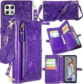 Harryshell Crossbody for T-Mobile Revvl 7 5G Wallet Case [10 Card Slots] with [Theft-Scan Blocking],Cash Coin Zipper Pocket Long Shoulder & Wrist Strap Floral Purple