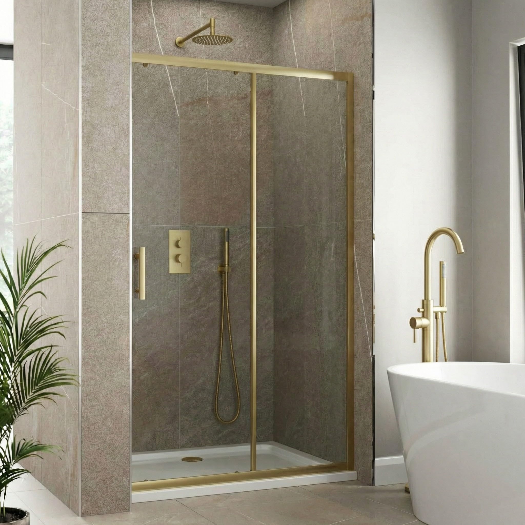 Luxura Brushed Brass Luxura® 1000Mm Sliding Shower Door Screen For Wet Room Cubicle Enclosures, 6Mm Toughened Safety Glass, Framed, Reversible,