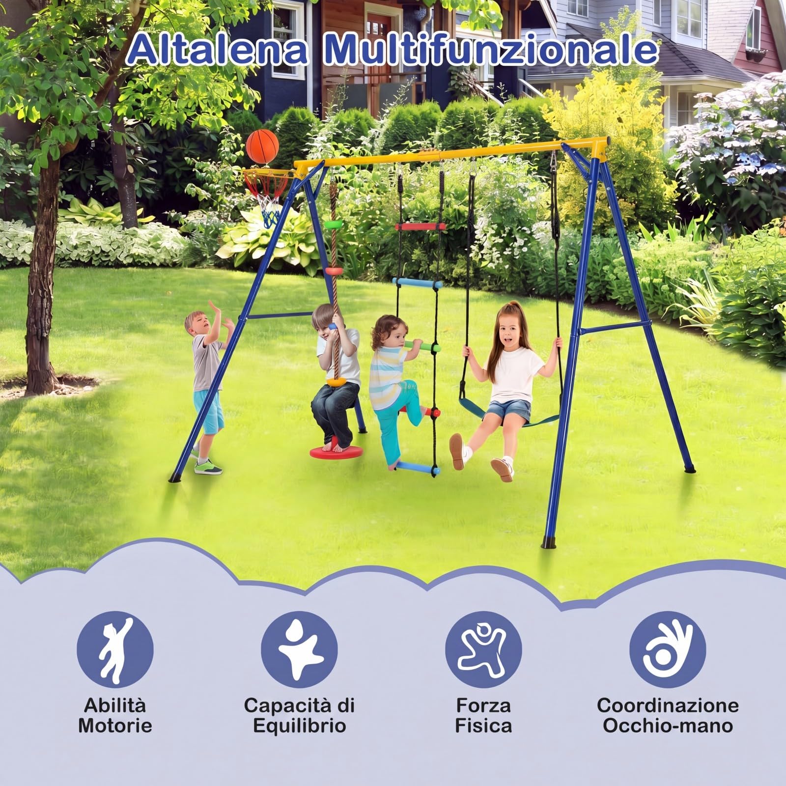COSTWAY Set Altalena per Bambini, Set Altalena 4 in 1 (Verde) | con Canestro Basket, Altalena Regolabile, Scala e Disco con Corda, Giochi da Interno ed Esterno, Portata 300 kg