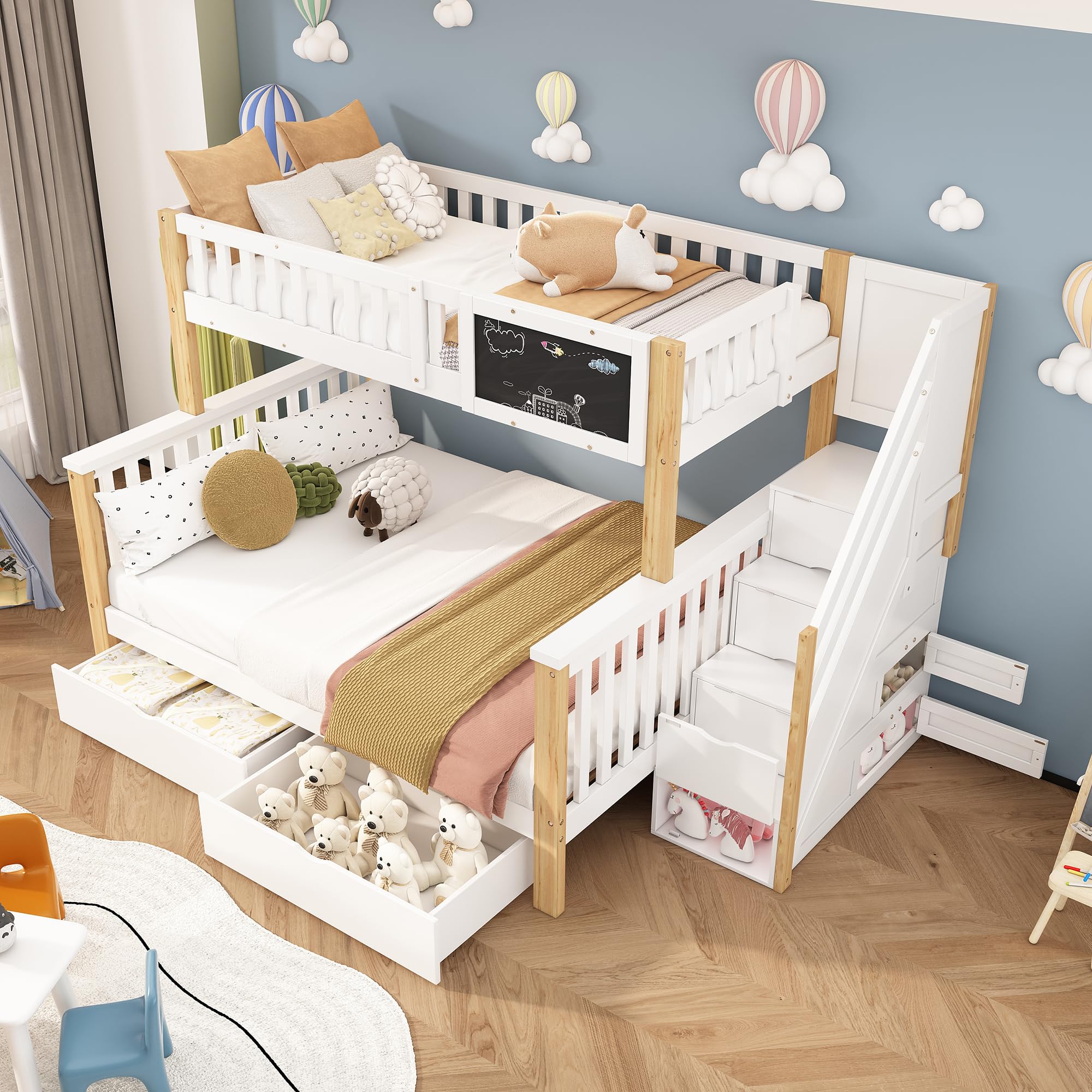 Litera infantil, 90 x 200 y 140 x 200 cm, cama doble, cama infantil multifuncional, con pizarra y cajones, escalera, protección anticaídas y somier, sin colchón (natural, 140 x 200 cm)