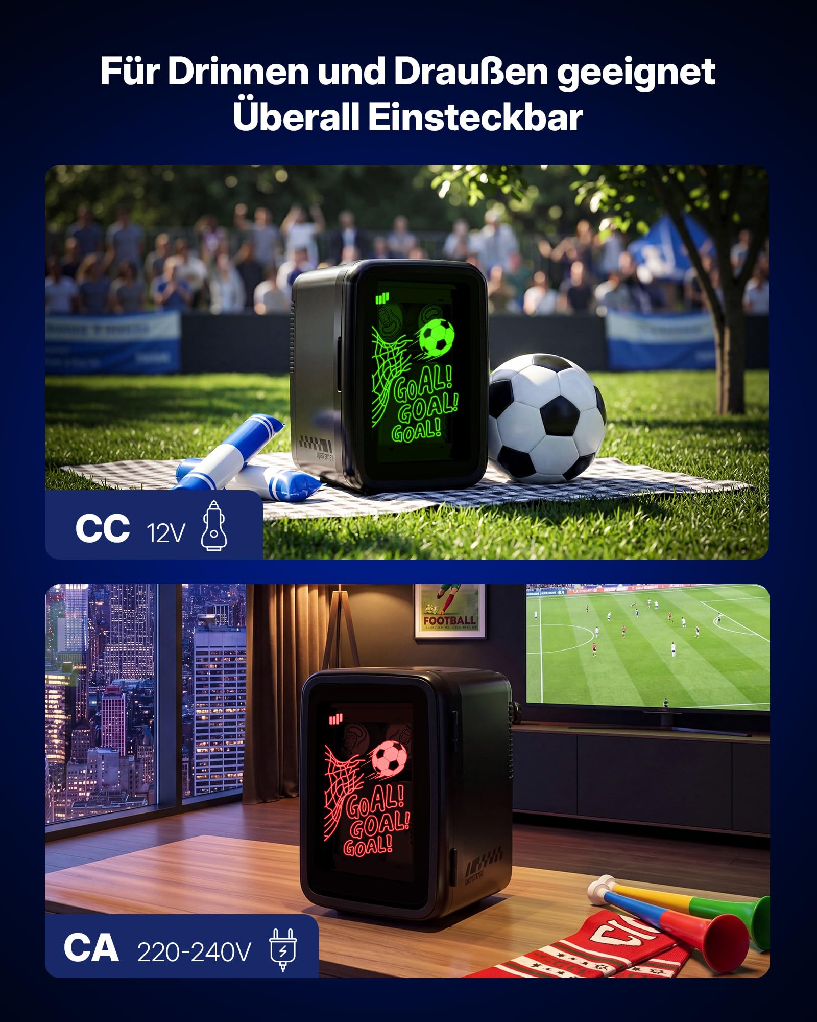 Upstreman Mini Kühlschrank, 4L / 6 Dosen, 7 Farben LED, Kühlen & Warmhalten Minikühlschrank für Getränke & Skincare, AC 220V / DC 12V, Kleiner Kühlschrank für Fußballspiel, Gaming, Auto, TR4-F