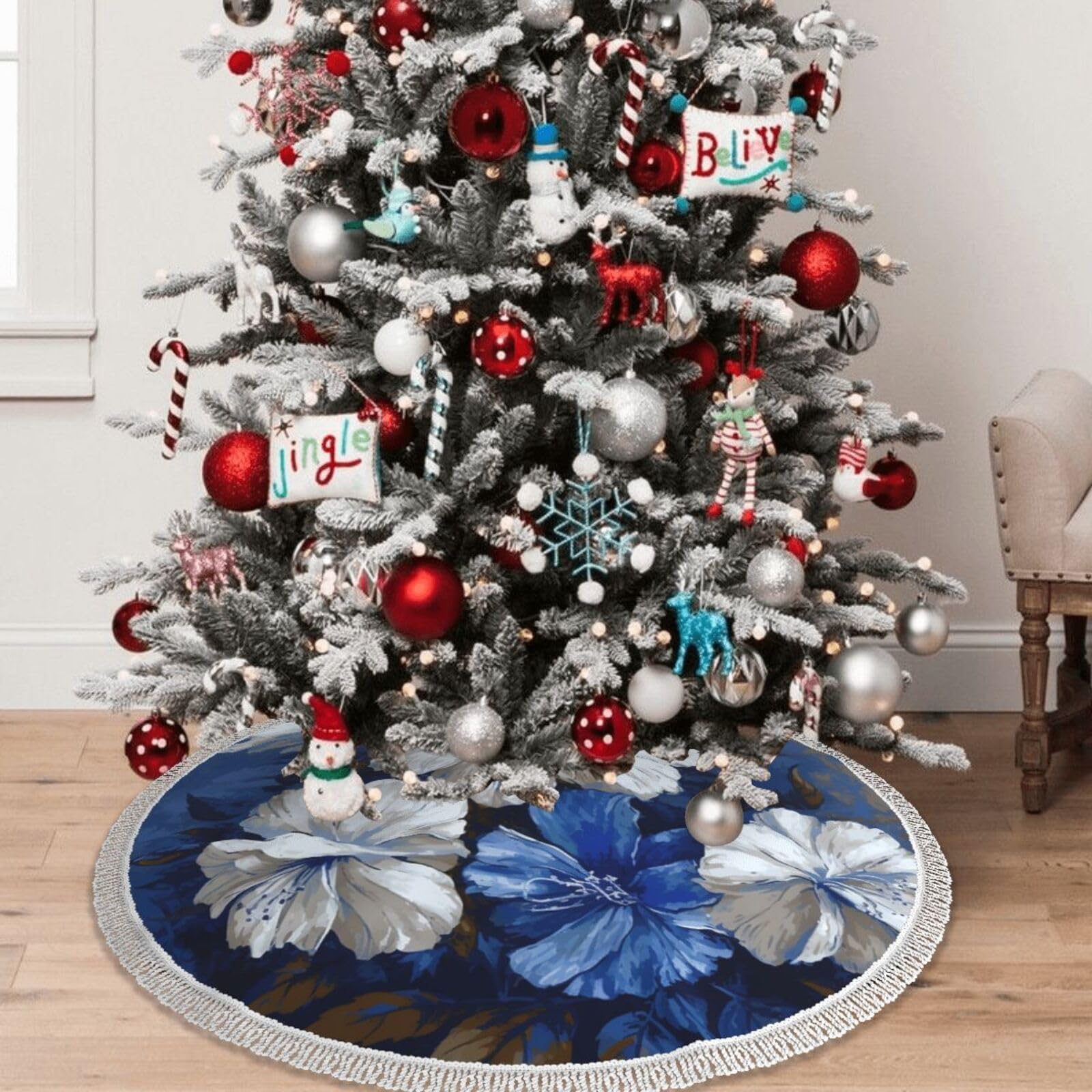 Gonna per albero di Natale con nappa, 76,2 cm, grandi fiori blu e bianchi stampati, base per albero di Natale, decorazioni natalizie o per interni ed esterni, decorazioni per feste