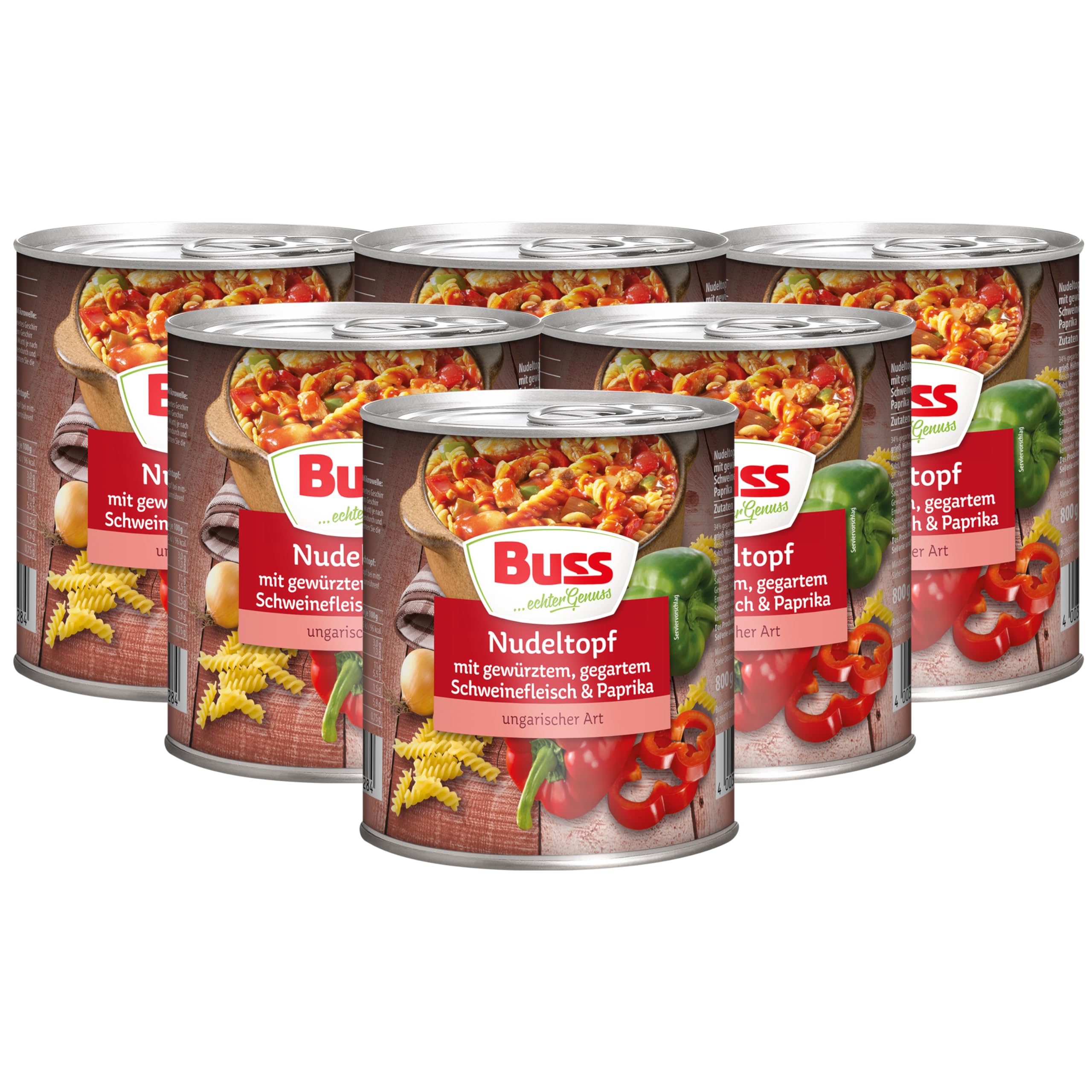 Buss Rustikale Gerichte - Nudeltopf nach ungarischer Art, 6 x 800g | Mit Paprika und Schweinefleisch - Lang haltbare Fertiggerichte zum schnellen Aufwärmen in Mikrowelle & Topf