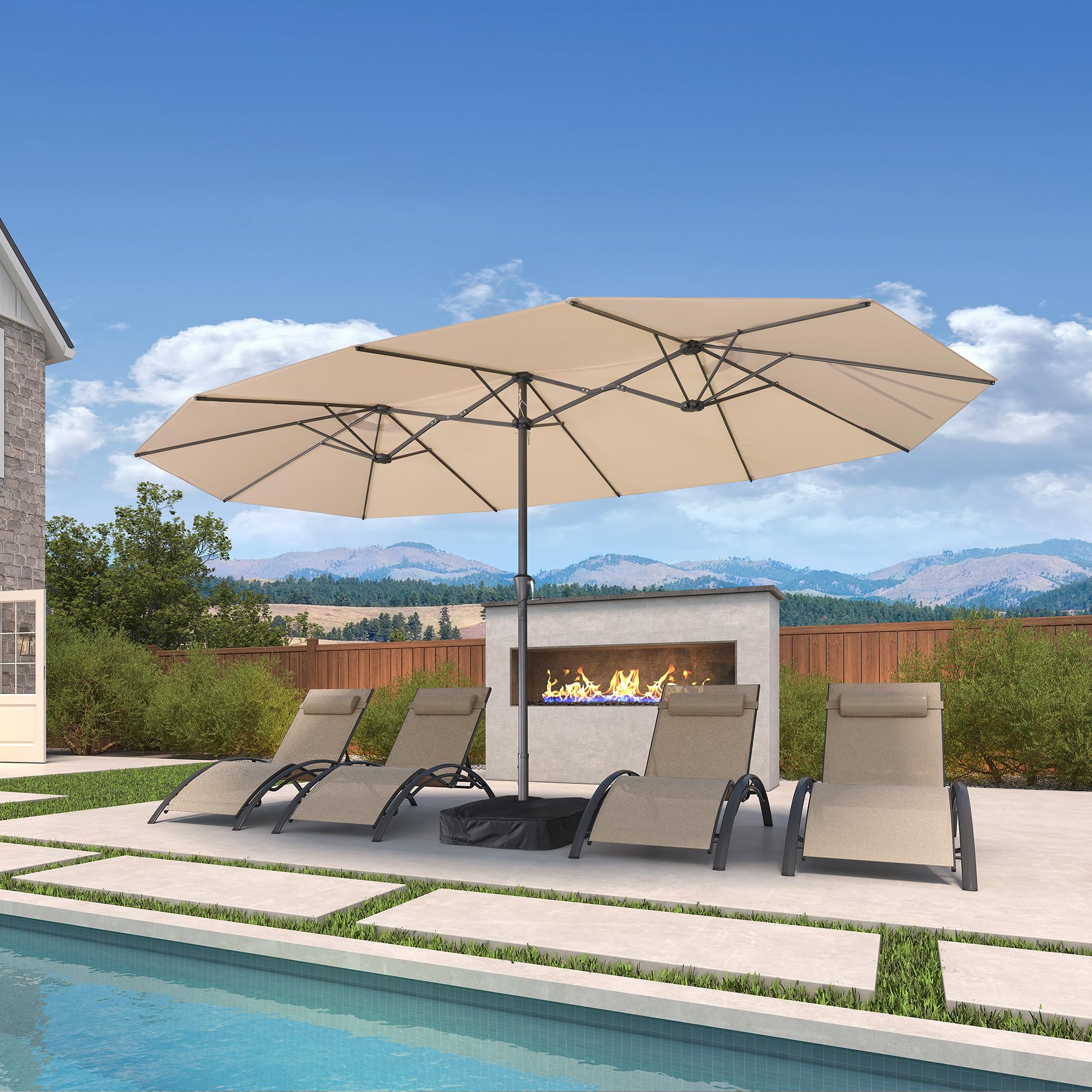 PURPLE LEAF Sombrilla de jardín exterior 455 x 270 cm de aluminio, gran sombrilla doble con LED y pie, para terraza, jardín, balcón y piscina, caqui, Modèle Classique