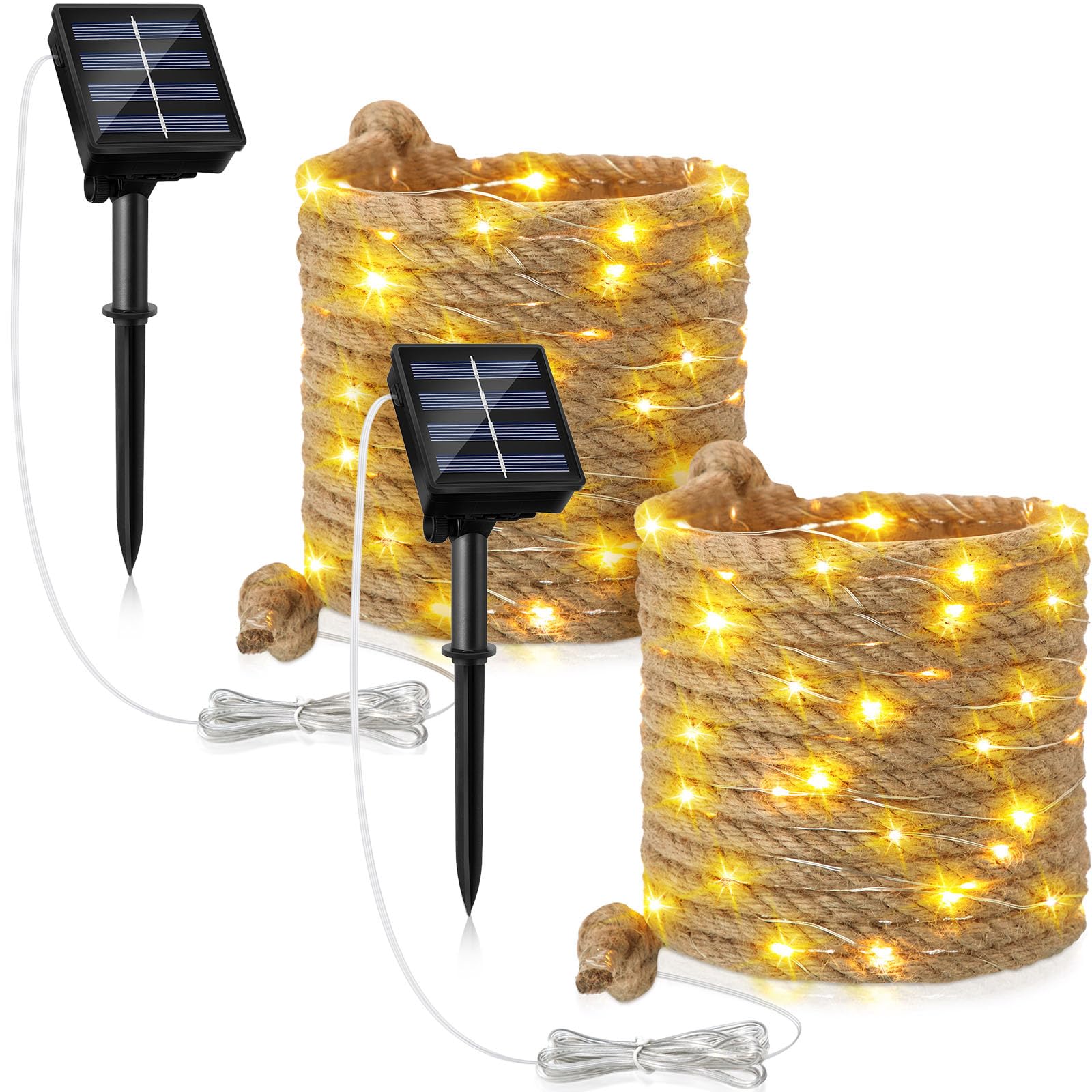 Weewooday Cuerda de Luces Solares, Cuerda de Cáñamo Natural con Lamparillas de 6,6 m IP65 Luz de Jardín con 70 LED - Blanco Cálido 3200k para Decoración Balcón Terraza Jardín Exterior (2 Paquetes)