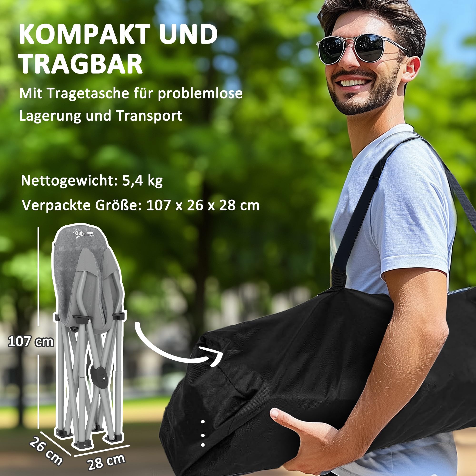 Outsunny Składane krzesło kempingowe z kieszenią boczną, wyściełane, do użytku na zewnątrz, składane krzesło do 120 kg, wytrzymałe, lekkie, do ogrodu, na kemping, plażę