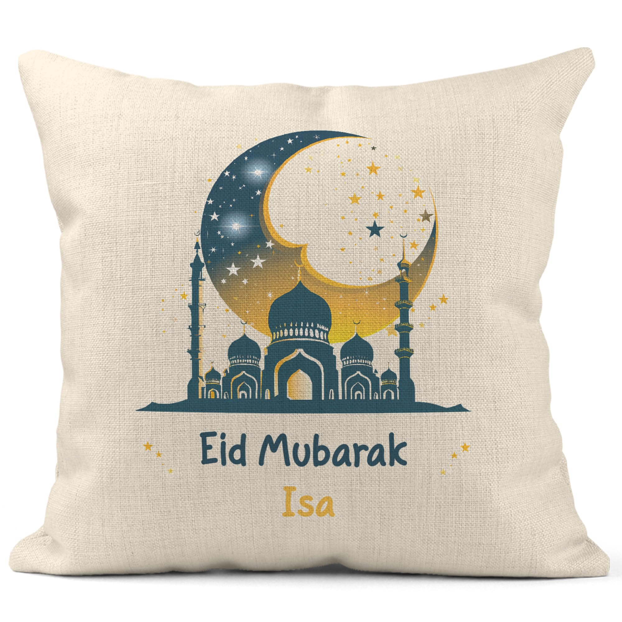 Print Maniacs Midnight Eid Mubarak Cushion Cover With Personalised Name – Ramadan & Eid Islamic Home Decor Throw Pillow Case – Muslim Gift For Eid Al-Fitr & Eid Al-Adha – Crescent Moon Mosque Design