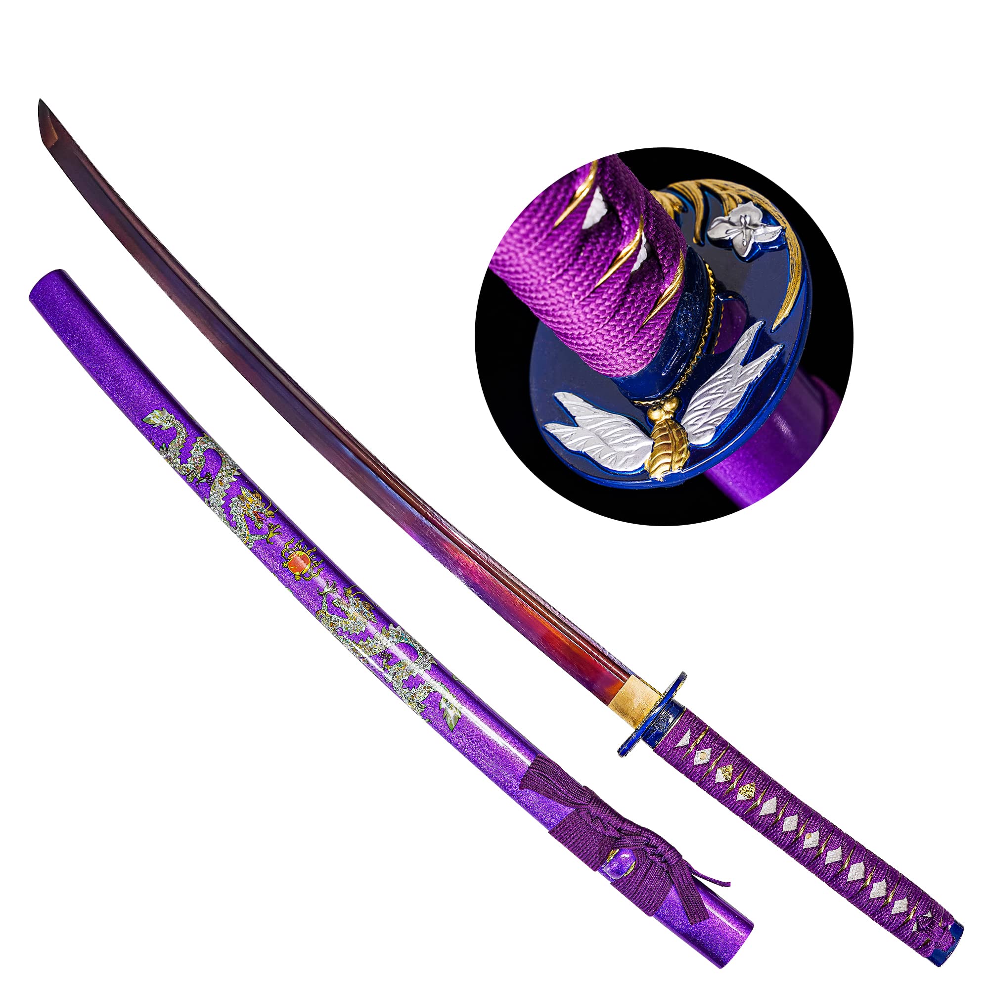 Handmade Japanese Samurai Katana Sword,41 inch 1060/1095 High Carbon Steel Full Tang Metal with Stand Katana,for Man Gift Cosplay Decoration Purple