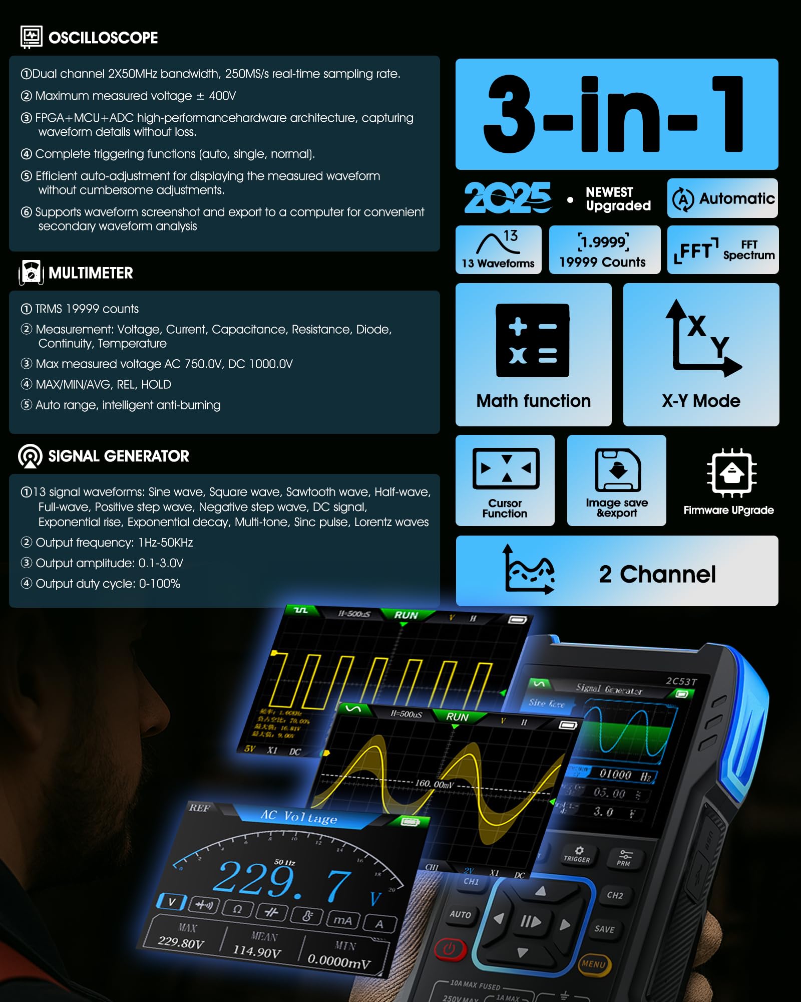 Handheld Oszilloskop Multimeter 2C53T, WapoRich 3-in-1 Oszilloskop 2 Kanal mit Signalgenerator, 50MHz, 250MSa/s, TRMS 19999 Counts, 13 Signalformen, FFT, XY-Modus, tragbares Digital Oszilloskop