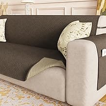 Lukzer 3 Seater Reversible Quilted Sofa Mat - Aqua Weave Pattern |Dark Brown| 250 GSM Polyester Sofa Runner with Arms & Deep Storage Pocket | Machine Washable Sofa Cover with Elastic Belt (SC-216-03)