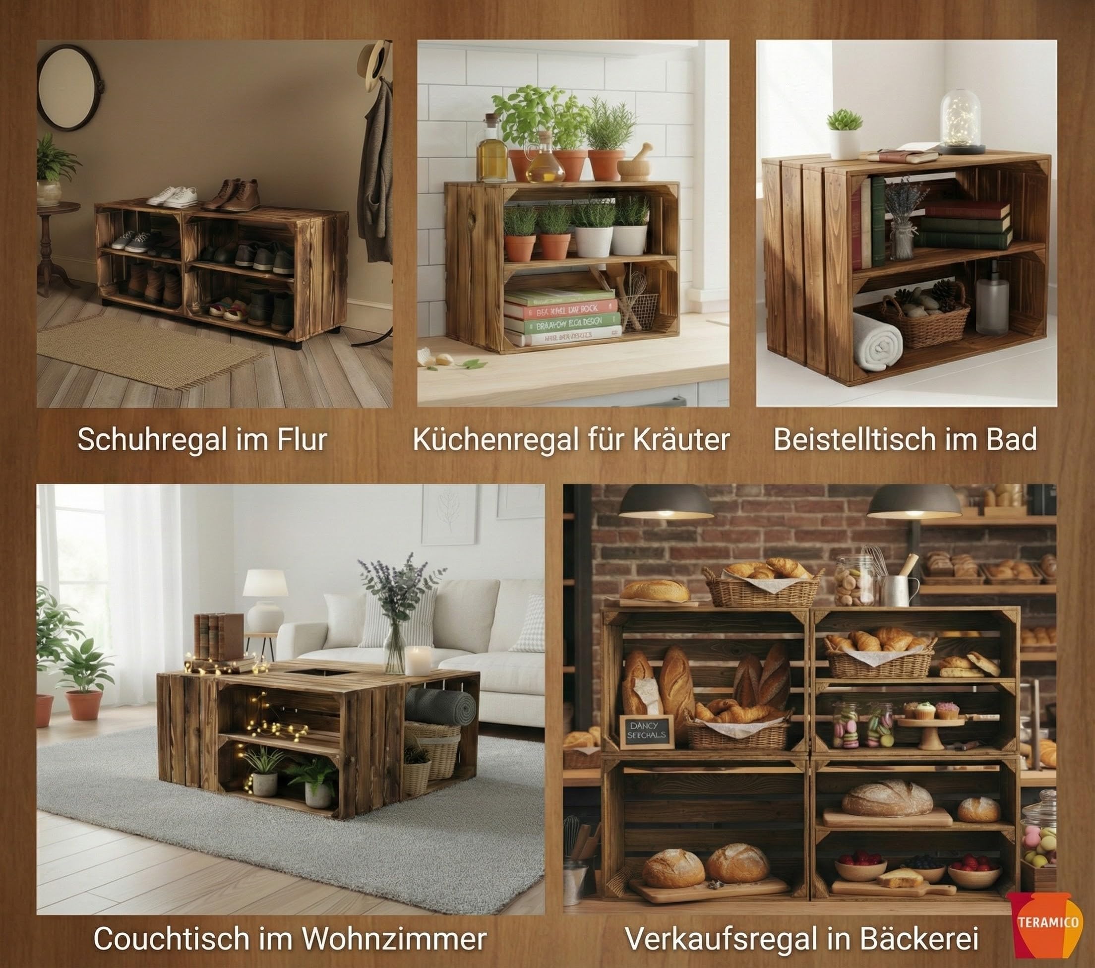 Teramico 4er Set Holzkisten in verschiedenen Variationen- Ideal als Couchtisch, zur Aufbewahrung oder einfach tolle Dekoration (Neu Geflammt 2 x Boden Längs)