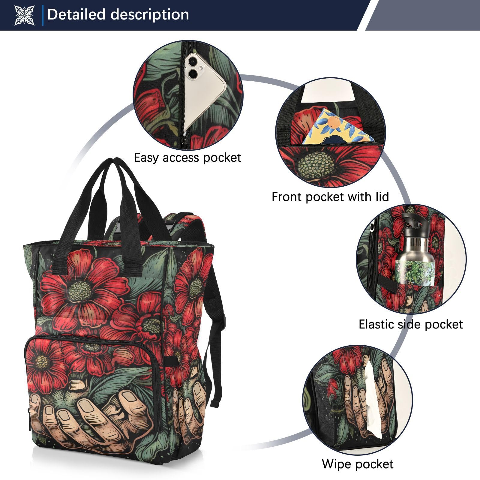 Flores Rojas Floreciendo Natural Mochilas de Pañales para Gran Capacidad Pañal Bolso Mochila para Viajar al Aire Libre Mamá y Papá