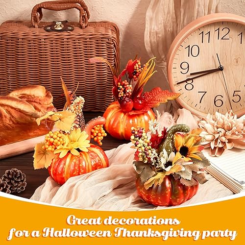 Miniatura 4 de Leinuosen 12 piezas de centro de mesa de calabaza falsa para mesa, calabazas de 6 pulgadas con girasol, bayas de arce, calabazas decorativas de
