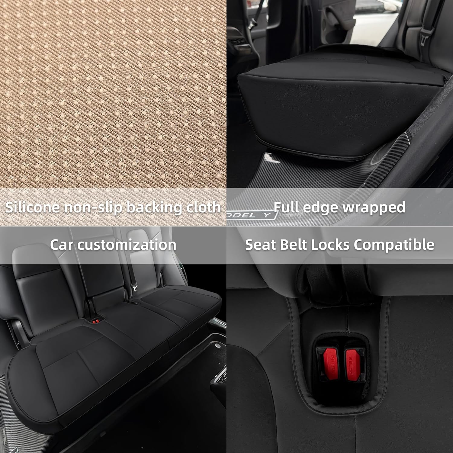 SanQing Car Seat Cover Luxury Napa Leather Seat Covers for Tesla Model Y Car Rear Seat Bottom,Heavy Duty Seat Cushion Protector Without Backrest (Black Rear Seat)