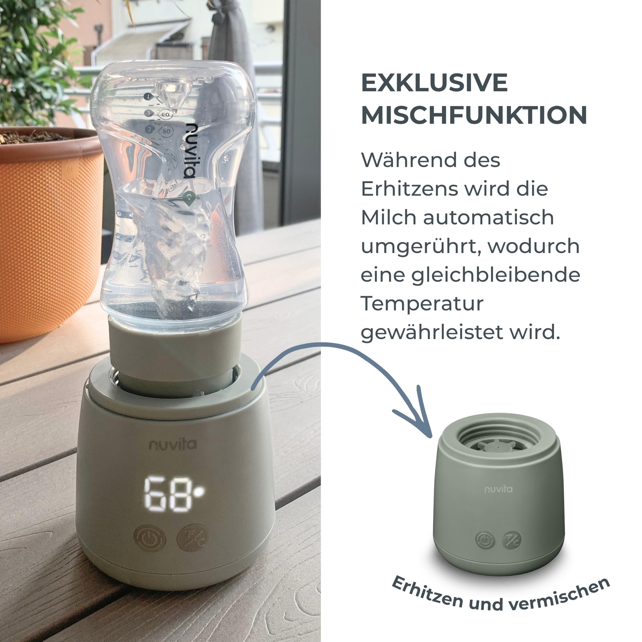 Nuvita 1164 Mix70 Tragbarer Flaschenwärmer mit Mischfunktion, 5 Temperaturen bis 70°C, Universal mit 6 Adaptern inklusive, Wiederaufladbarer Akku, LED-Display, BPA-frei